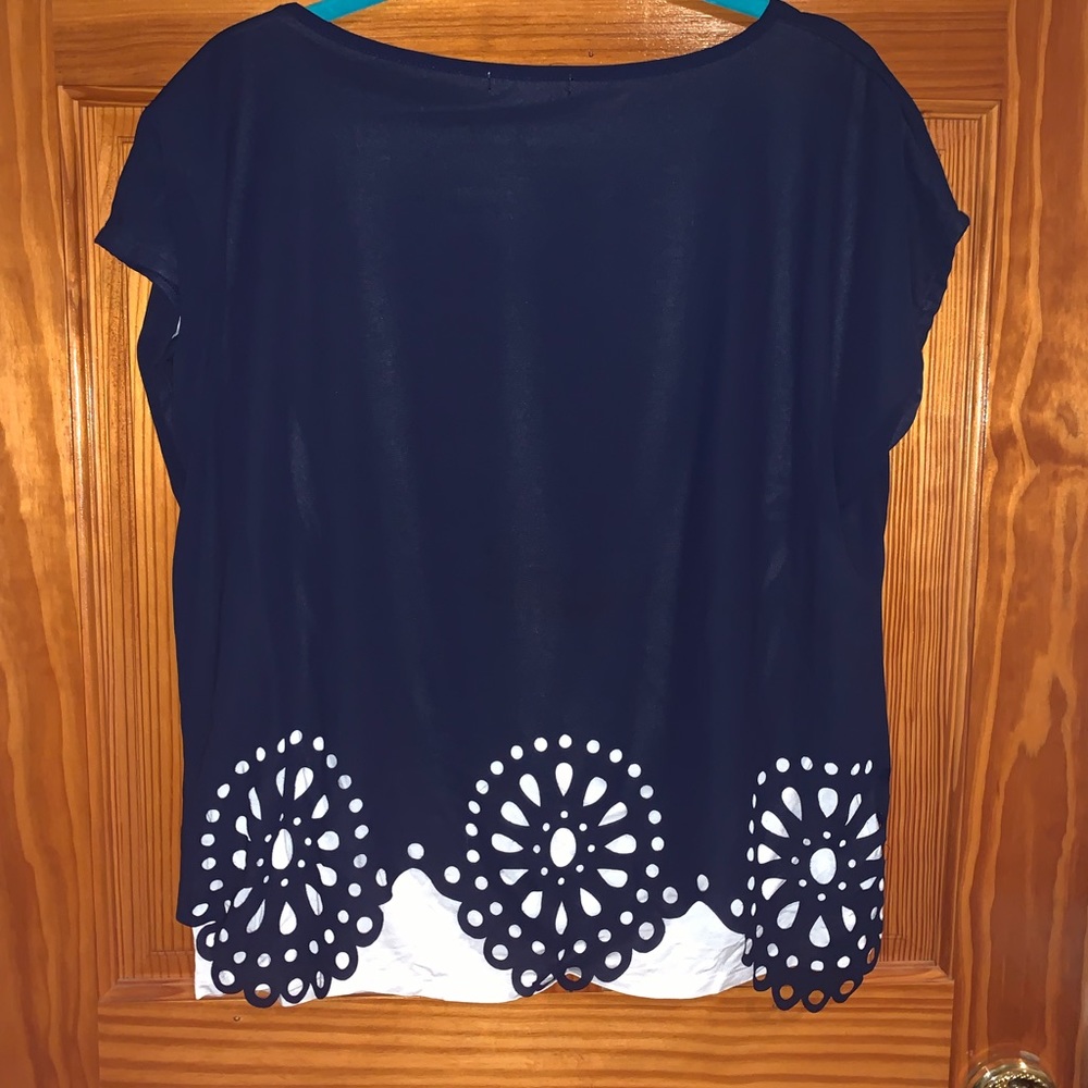 Navy blue designed cut outs blouse short sleeves